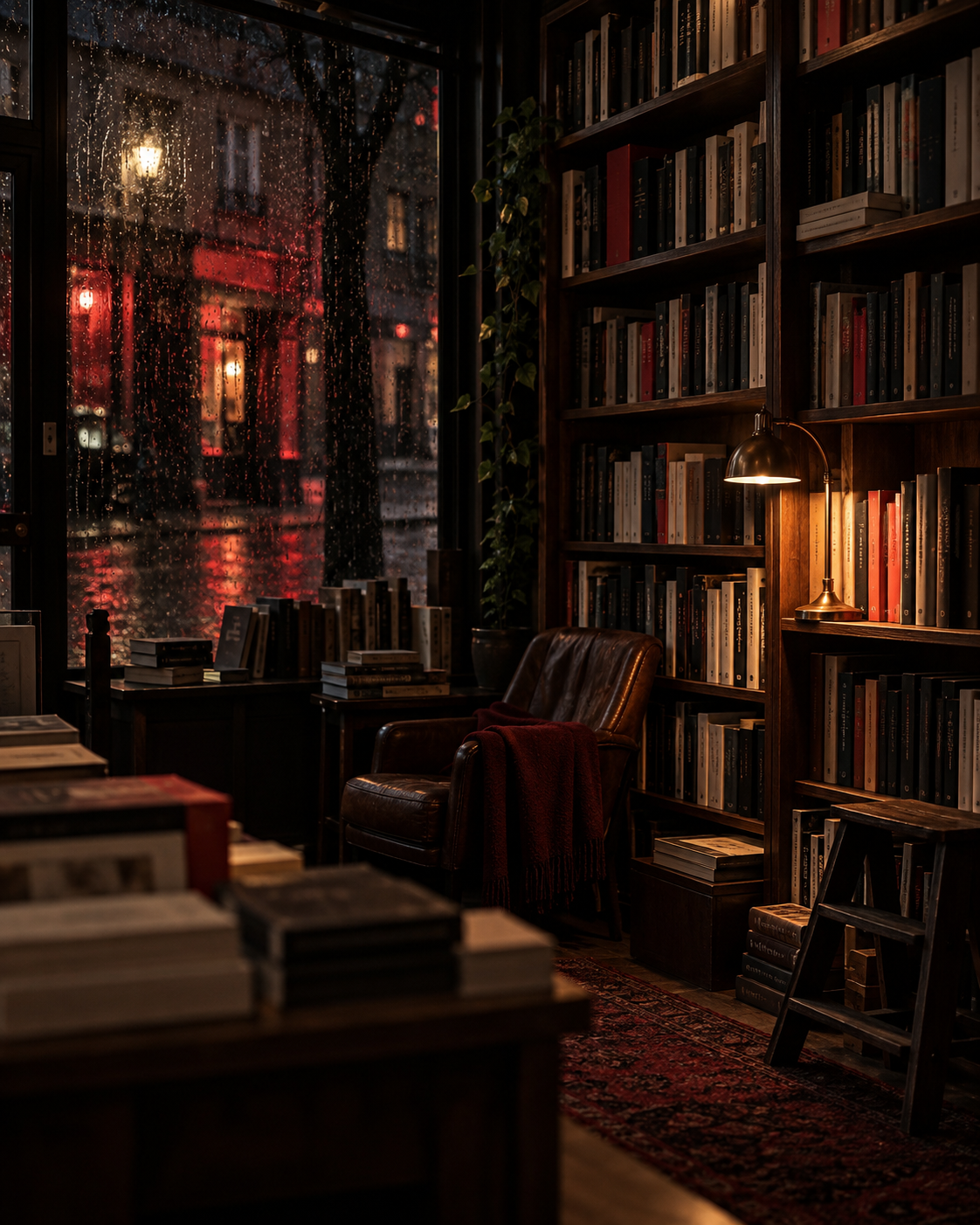 Ambiance nocturne d’une librairie spécialisée dans le polar